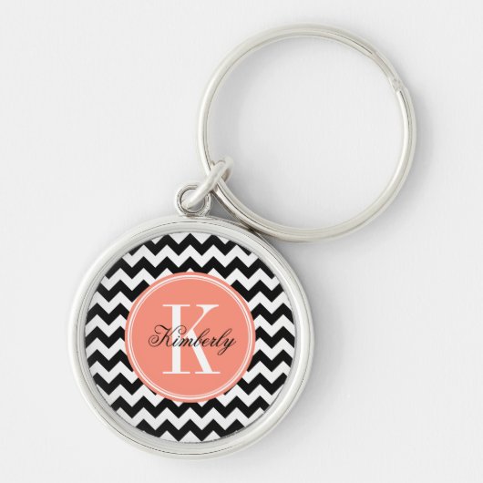 Zwarte en witte Chevron met koraalmonogram Sleutelhanger (Voorkant)