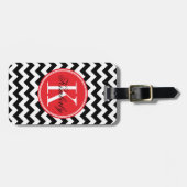 Zwarte en witte Chevron met rood monogram Bagagelabel (Voorkant horizontaal)