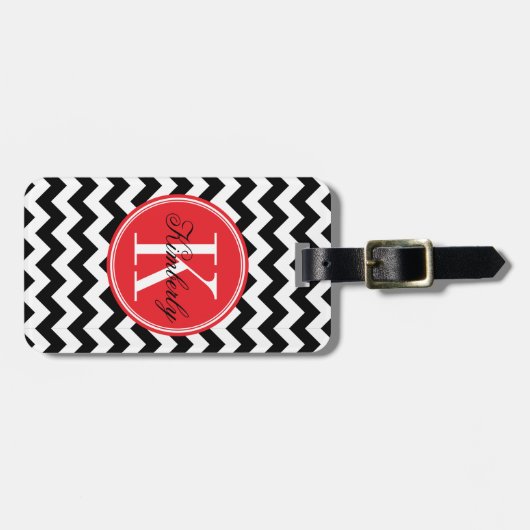 Zwarte en witte Chevron met rood monogram Bagagelabel (Voorkant horizontaal)