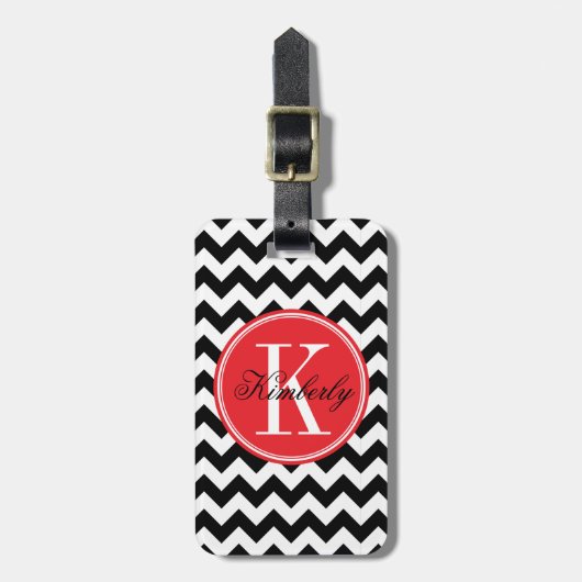 Zwarte en witte Chevron met rood monogram Bagagelabel (Voorkant verticaal)