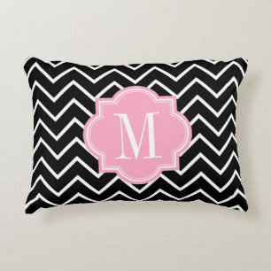 Zwarte en witte Chevron met roze monogram Accent Kussen