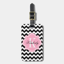 Zwarte en witte Chevron met roze monogram Bagagelabel