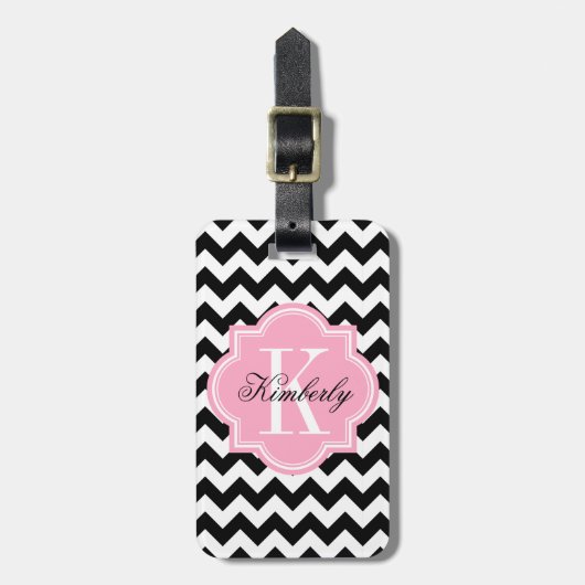 Zwarte en witte Chevron met roze monogram Bagagelabel (Voorkant verticaal)