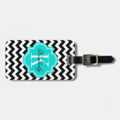 Zwarte en witte Chevron met Turquoiose Monogram Bagagelabel (Voorkant horizontaal)