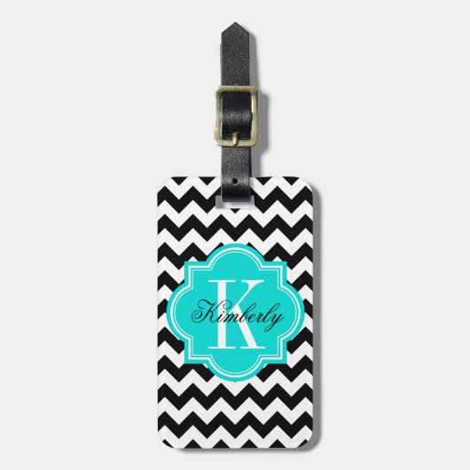 Zwarte en witte Chevron met Turquoiose Monogram Bagagelabel (Voorkant verticaal)