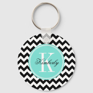 Zwarte en witte Chevron met Turquoise Monogram Sleutelhanger