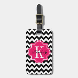 Zwarte en witte Chevron met warmroze monogram Bagagelabel