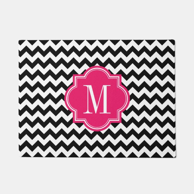 Zwarte en witte Chevron met warmroze monogram Deurmat (Voorkant)