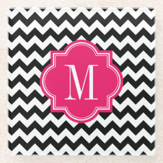 Zwarte en witte Chevron met warmroze monogram Glazen Onderzetter