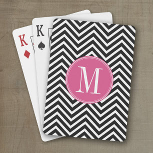 Zwarte en Witte Chevrons Aangepast Roze Monogram Speelkaarten