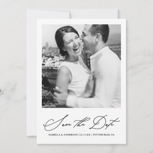 Zwarte en witte chic foto save the date (Voorkant)