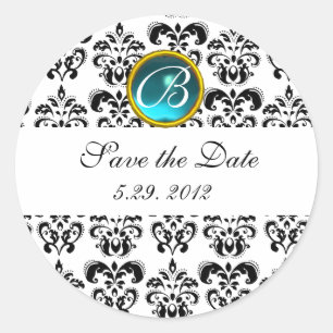 ZWARTE EN WITTE DAMASKMONOGRAM blauw saffier Ronde Sticker