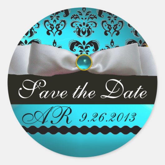 ZWARTE EN WITTE DAMASKRIBBON MONOGRAM Gemstone Ronde Sticker (Voorkant)