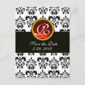 ZWARTE EN WITTE DAMASKRODE RUBY-MONOGRAM AANKONDIGINGSKAART (Voorkant)