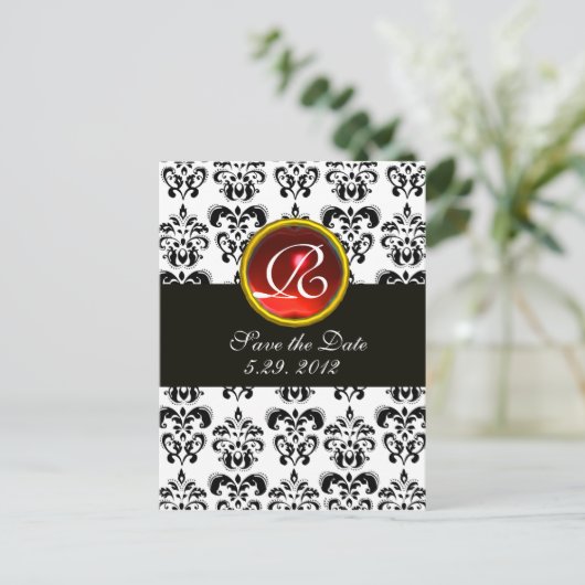 ZWARTE EN WITTE DAMASKRODE RUBY-MONOGRAM AANKONDIGINGSKAART (Staand voorkant)