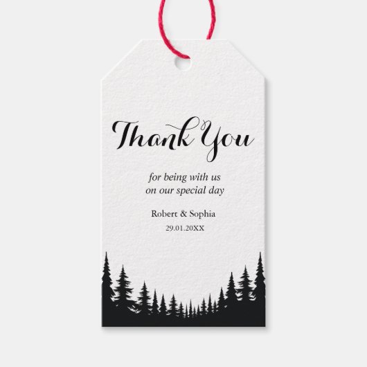 Zwarte en witte dennenbomen Winter Wedding Cadeaulabel (Voorkant)