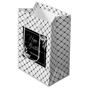 Zwarte en witte diamantpatroon Botanische verjaard Medium Cadeauzakje