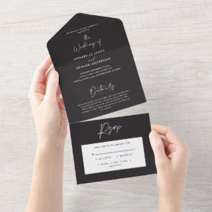 zwarte en witte eenvoudige elegante scriptbruiloft all in one uitnodiging