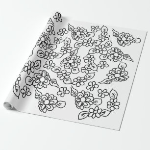 Zwarte en witte eenvoudige florale tekening cadeaupapier