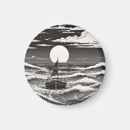 Zwarte en witte eenzame boot op de oceaan magneet