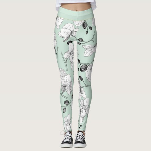 Zwarte en witte elegant orchidee, moderne munt leggings (Voorkant)