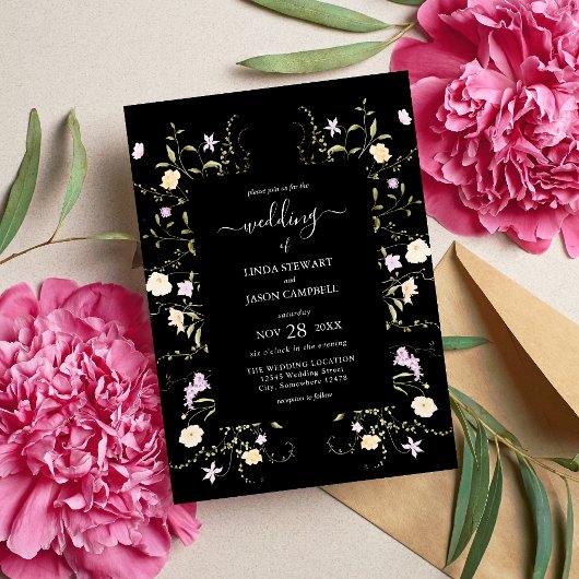 Zwarte en Witte Elegant Wildbloemen Floral Wedden Kaart