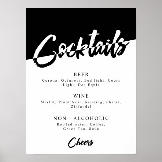 Zwarte en Witte Feest Drankmenu met Chic Design Poster (Voorkant)