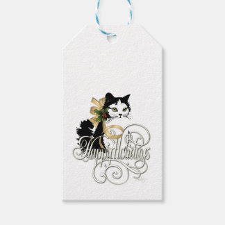 Zwarte en witte feestkat cadeaulabel