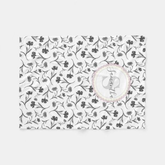 Zwarte en witte flora - benaming en monogram fleece deken (Voorkant (Horizontaal))