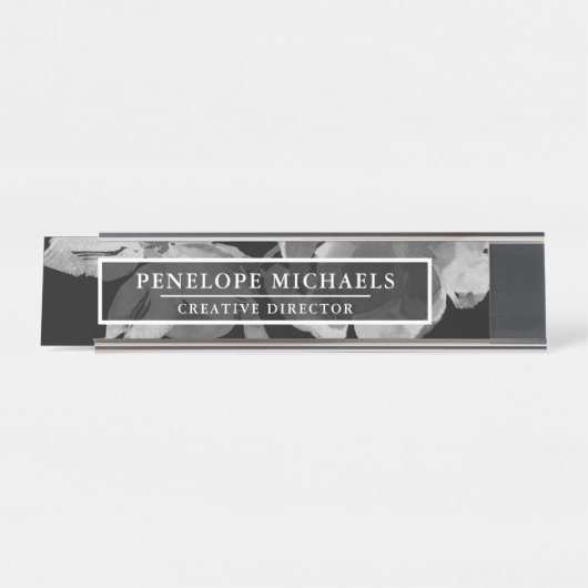 Zwarte en witte Floral Bureau Naambordje (Voorkant)