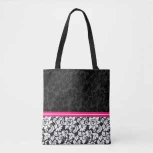 Zwarte en witte Floral Damask Tote Bag