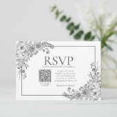 zwarte en witte Floral Line Art QR Code RSVP (Staand voorkant)