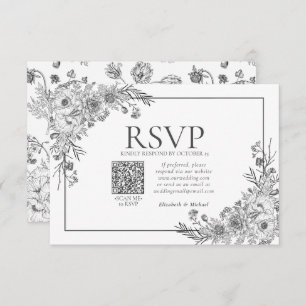 zwarte en witte Floral Line Art QR Code RSVP