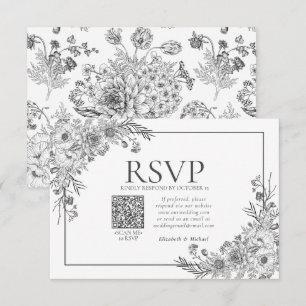  zwarte en witte Floral Line Art QR Code RSVP Kaartje