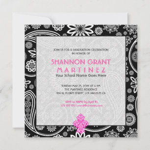 Zwarte en witte Floral Paisley - Elegant Afstudeer Kaart