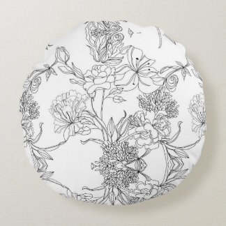 Zwarte en witte Floral Rond Kussen