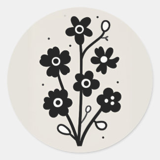 Zwarte en witte Floral Ronde Sticker