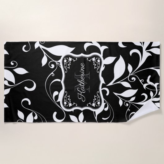 Zwarte en witte Floral Strandlaken (Voorkant)