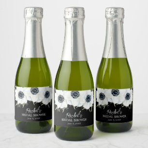Zwarte en witte Floral Waterverf Mini Sparkling Wijnetiket