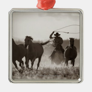 Zwarte en witte foto van een Cowboy Lassoing Horse Metalen Ornament