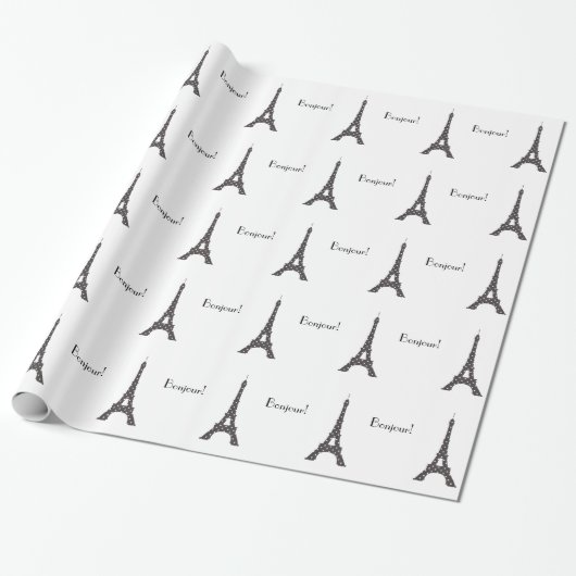 Zwarte en witte Franse poka Dots Eiffel Tower Cadeaupapier (Uitgerold)