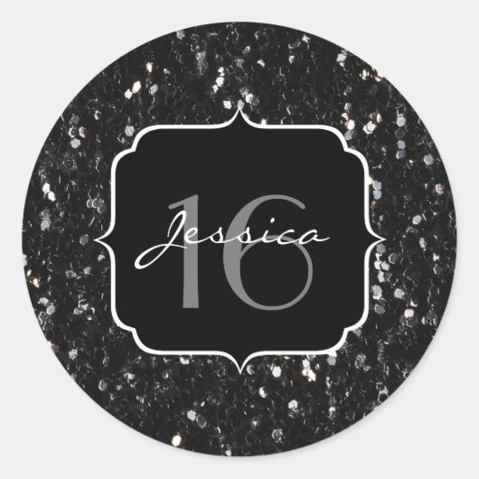 Zwarte en witte glanzende glitter sparkles Sweet 1 Ronde Sticker (Voorkant)