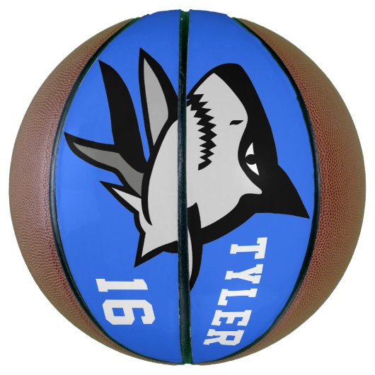 Zwarte en witte haai op blauwe witte letters basketbal (Verticaal)