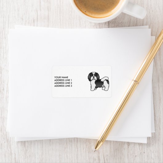 Zwarte en witte Havanese cartoon Dog en aangepaste Etiket (Insitu)