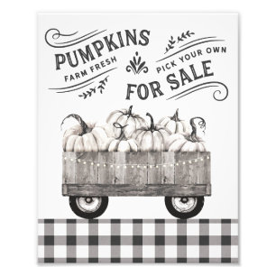 Zwarte en witte Herfst Farmhouse Pumpkins Wall Art Foto Afdruk