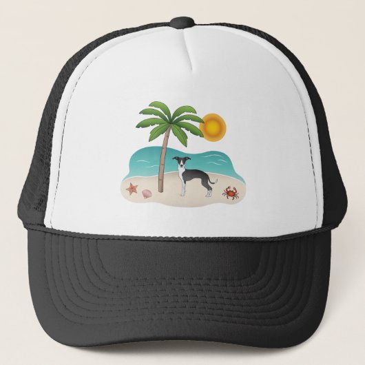 Zwarte en witte hond bij het strand van de Tropisc Trucker Pet (Voorkant)