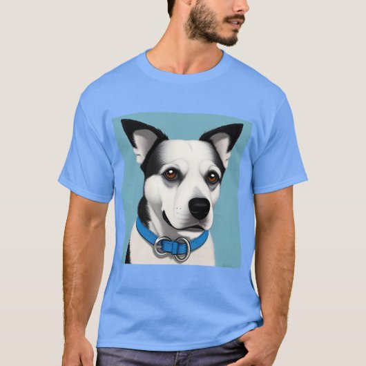 Zwarte en witte hond met blauwe halsband t-shirt (Voorkant)