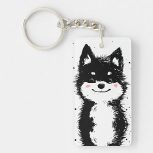 Zwarte en Witte Hond met Glimlach Sleutelhanger