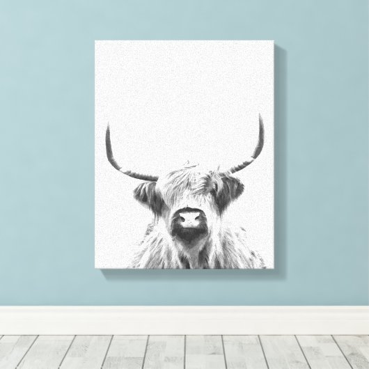 Zwarte en Witte Hoogland Koe Canvas Afdruk (Insitu (Houten vloer))