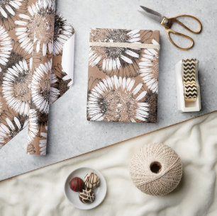 Zwarte en witte inkt Daisy Kraft Paper Artistic Cadeaupapier